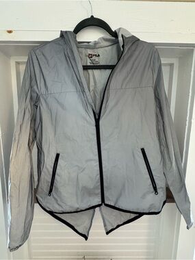 Fila Women's Light Gray Reflective Hooded Running Jacket with Black Trim
